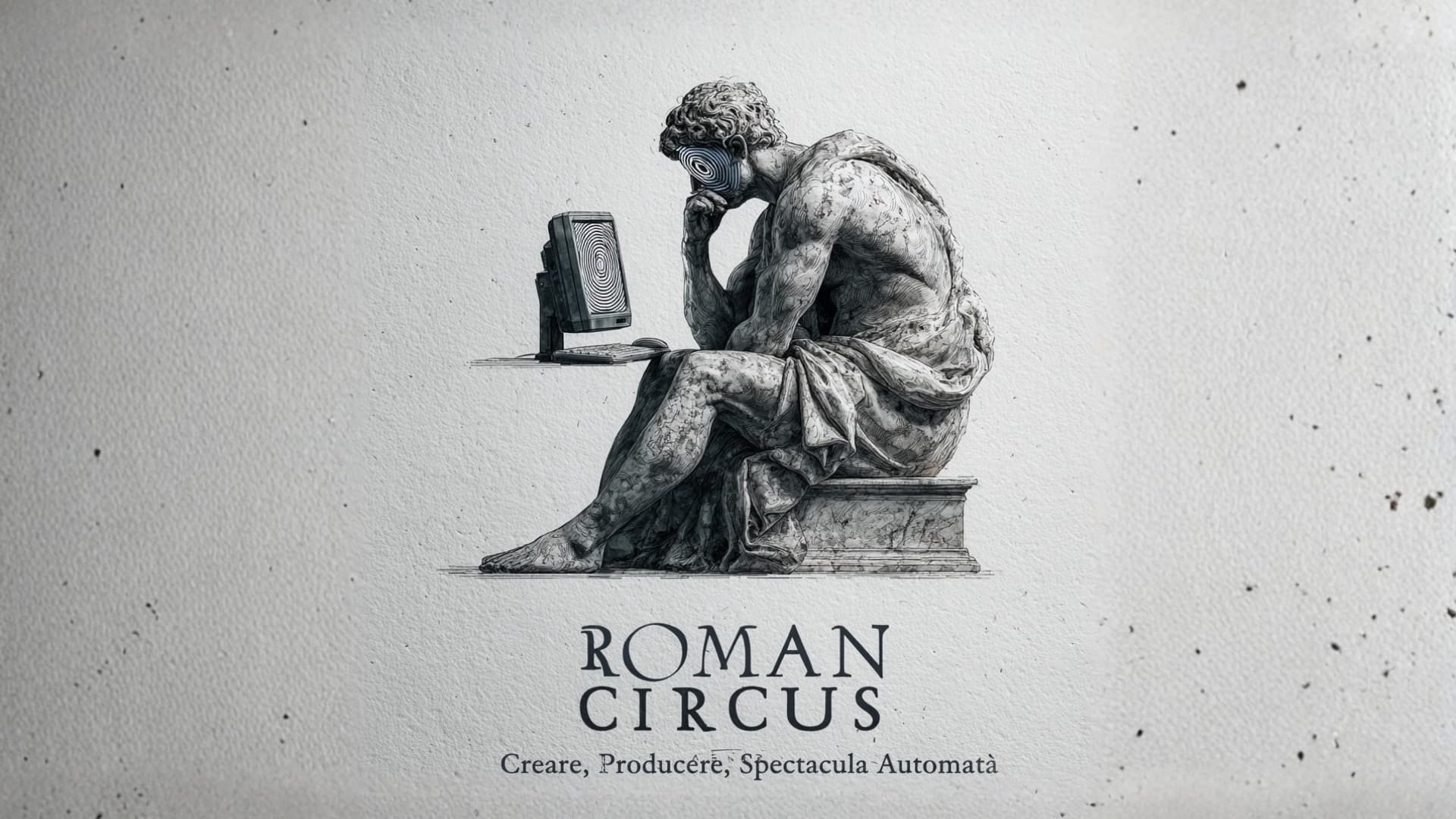 Roman statue studying a hypnotic screen, the Roman Circus hero artwork